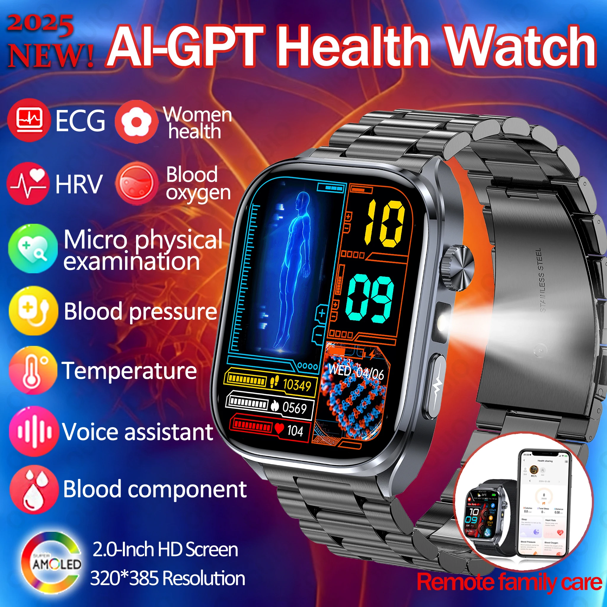 

2025 New Accurate ECG Smart Watch Heart Health Analysis Blood Analysis Blood Lipid Blood Pressure BT Call Smart Watches for Men