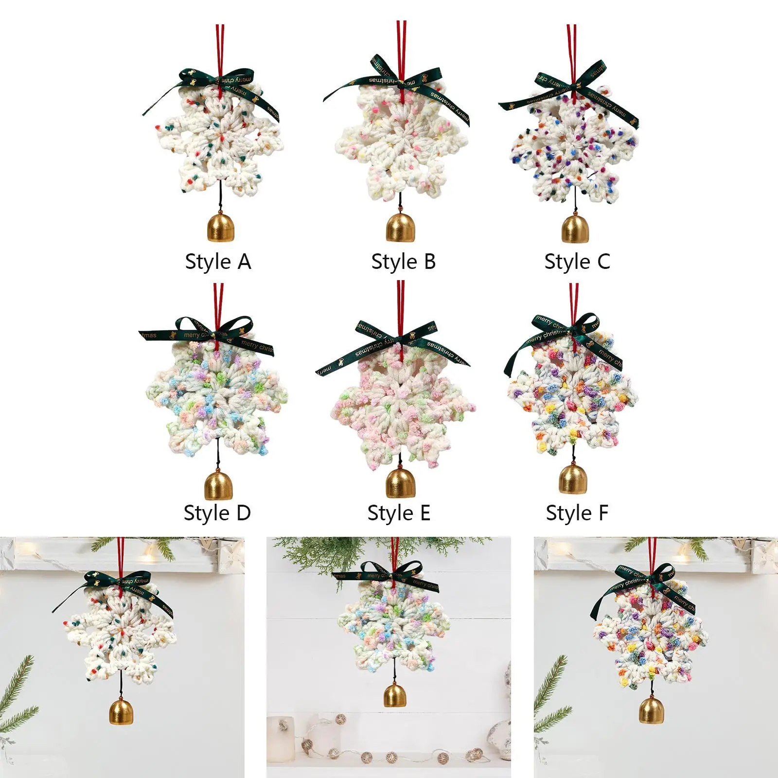 Christmas Yarn Snowflake with Metal Bell Height 16cm Xmas Hanging Ornament Xmas Pendant for Door Knobs Accessory Multifunctional