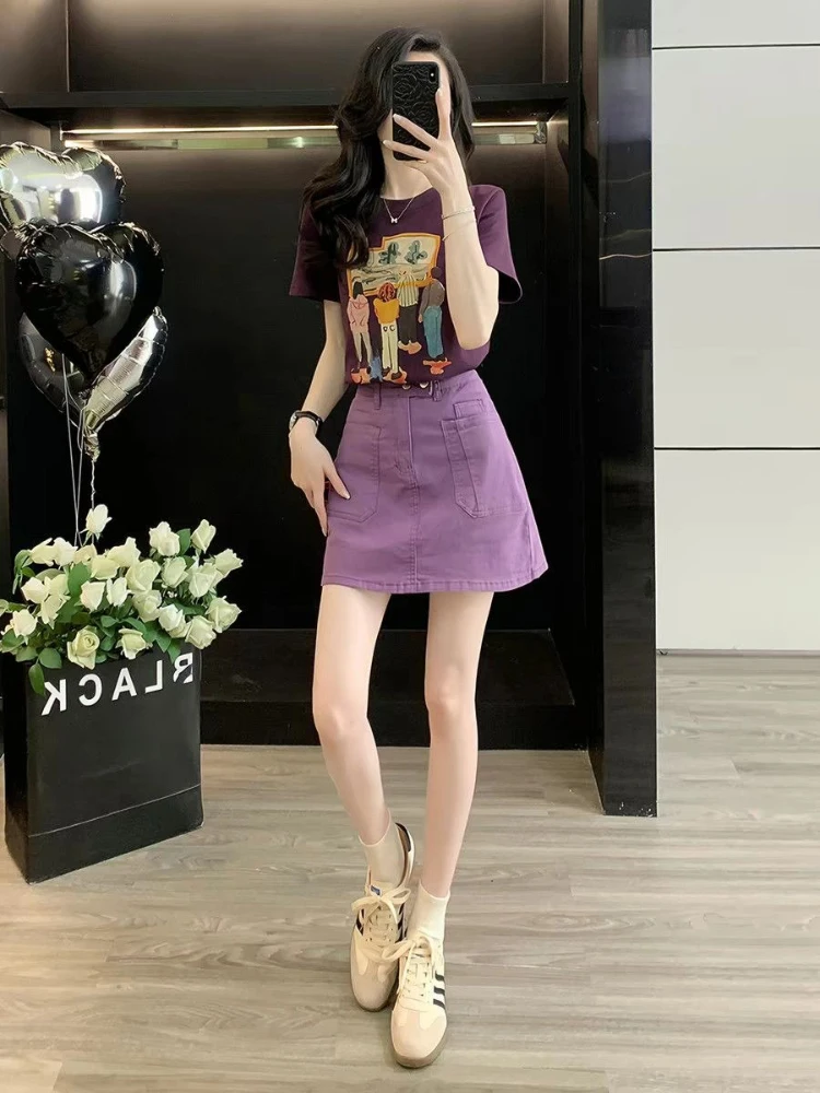 2026 Summer Casual Sweet 2 Piece Set for Women Cartoon Print Tops + Solid High Waist Mini Skirt Chic Retro Daily Female Outfits