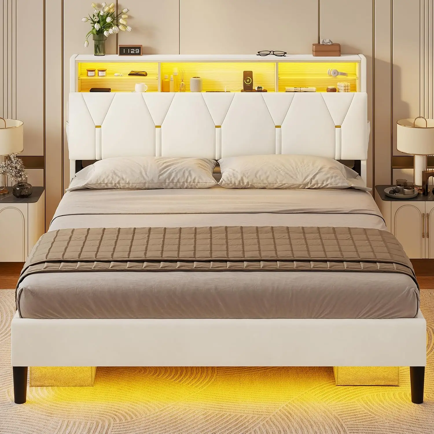 LED full bed frame with Type-C and USB charging station, full-size bed frame with storage headboard, milky white