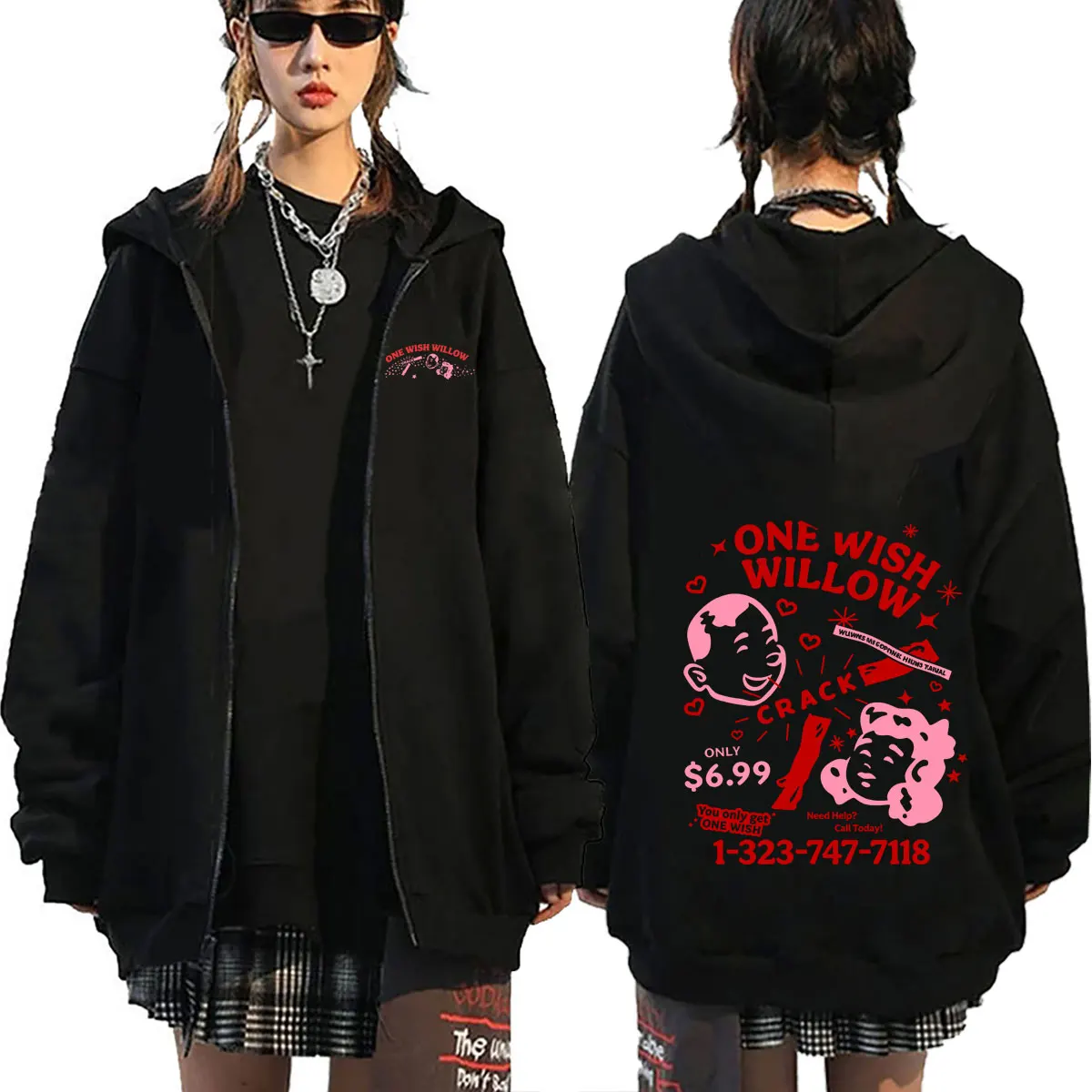 Moletom com Zíper Unissex Gótico Oversized Streetwear Vintage - Coleção Horror Movie Obsession One Wish Willow 2026