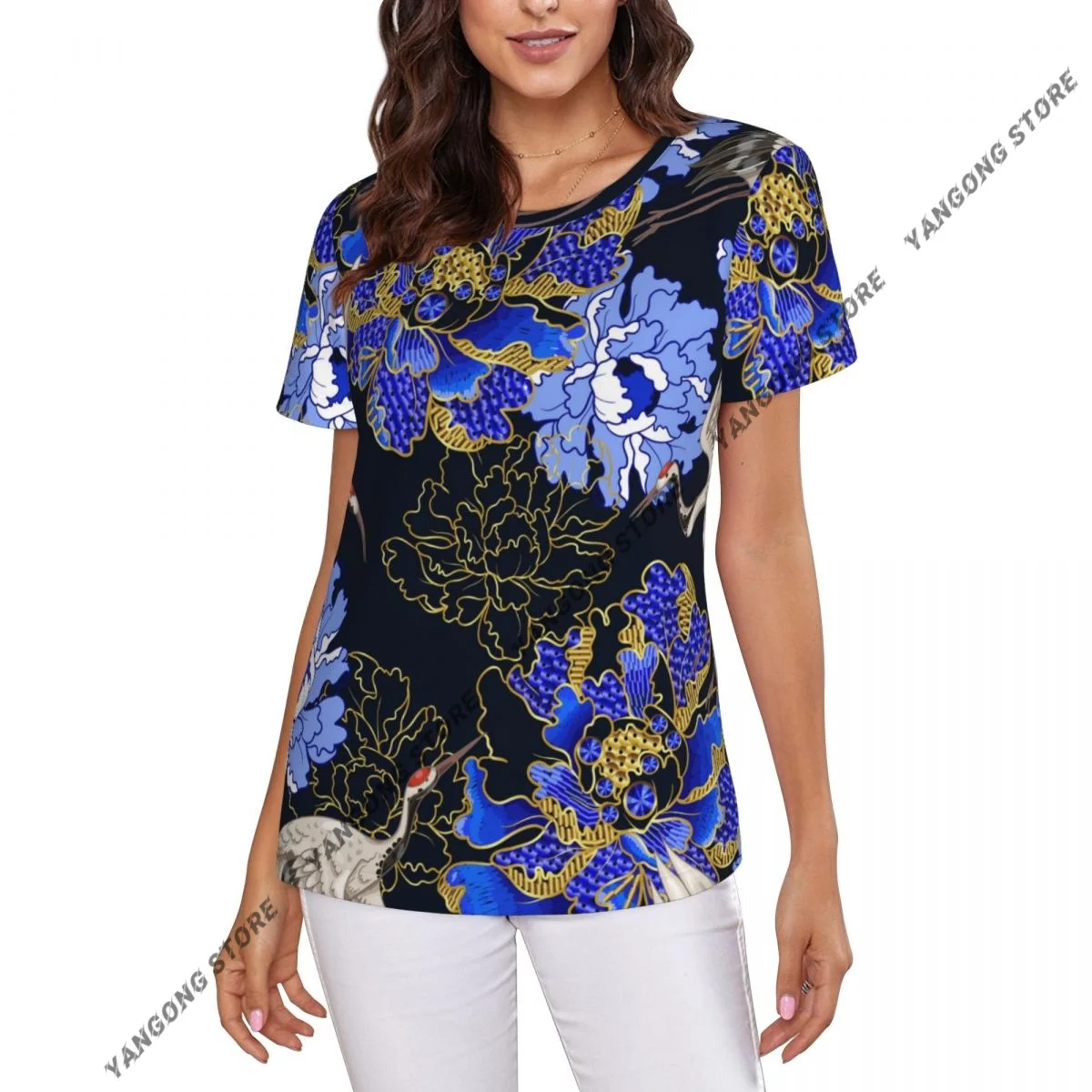 Womens Short Sleeve Japanese White Cranes And Peony Casual Tee Clothing Crewneck Woman T-Shirts