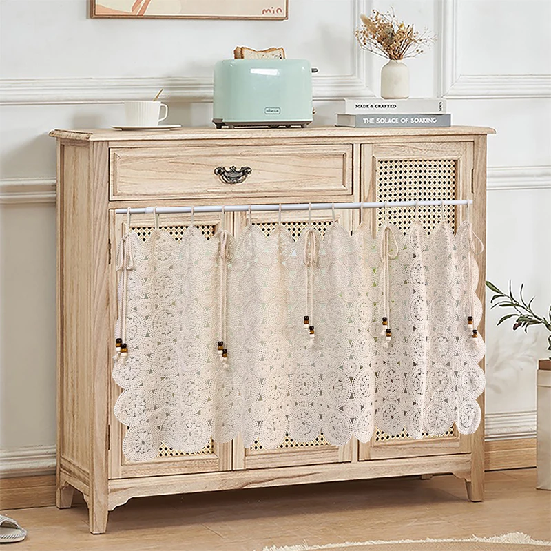 French Light Luxury Romantic Beige Hollow Geometric Lace Embroidery Rope Knot Suspender Short Curtain Top Rod Pocket