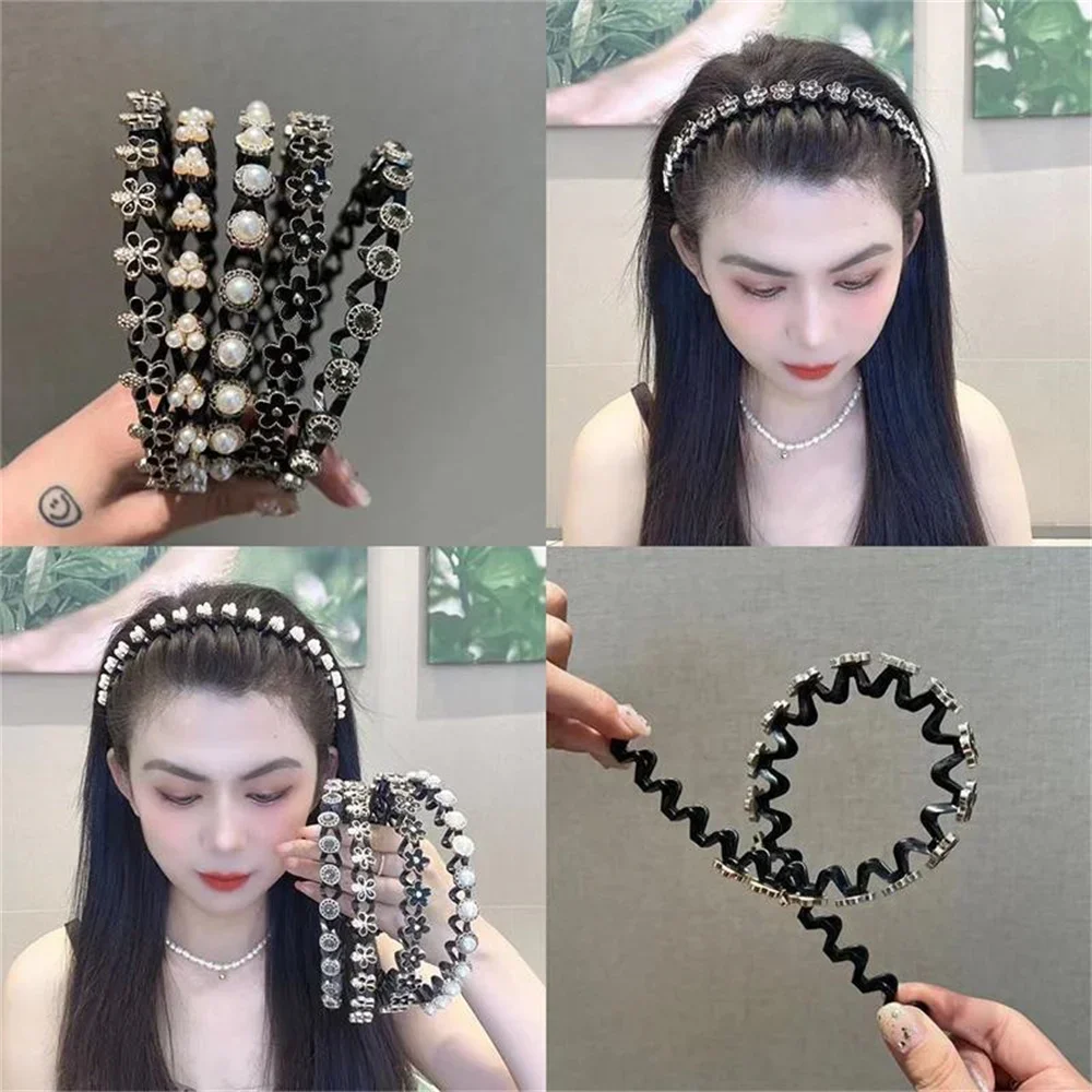 Fashion Rhinestone Pearl Hair Hoop Non-Slip Black Wavy Teeth Comb Flower Hair Bands Bangs Tool For Women Girls