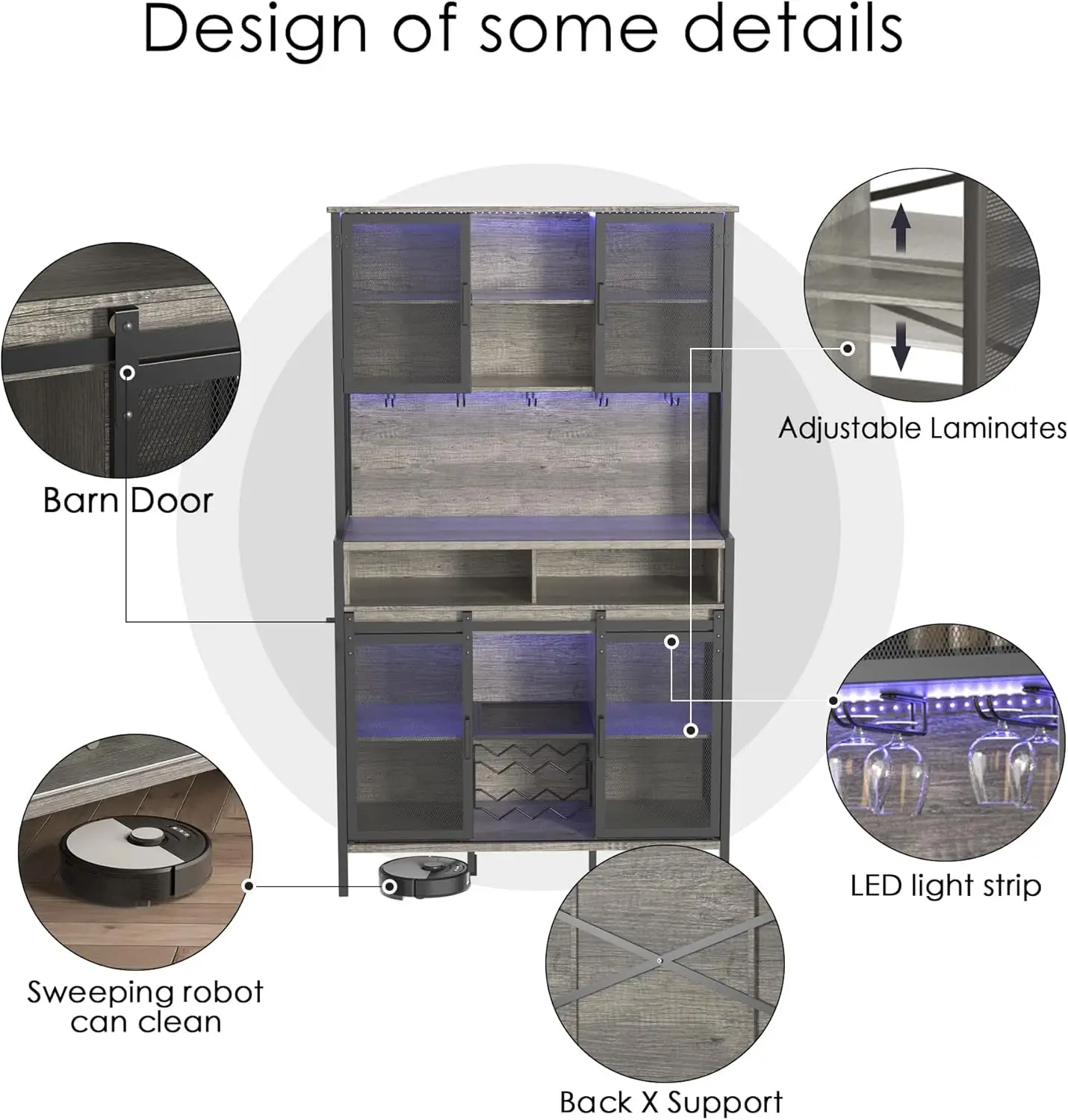 خزانة بار القهوة والنبيذ مع باب الحظيرة المنزلق، وخزانة بوفيه المزرعة مع رف النبيذ وحامل الزجاج، وخزانة تخزين LED