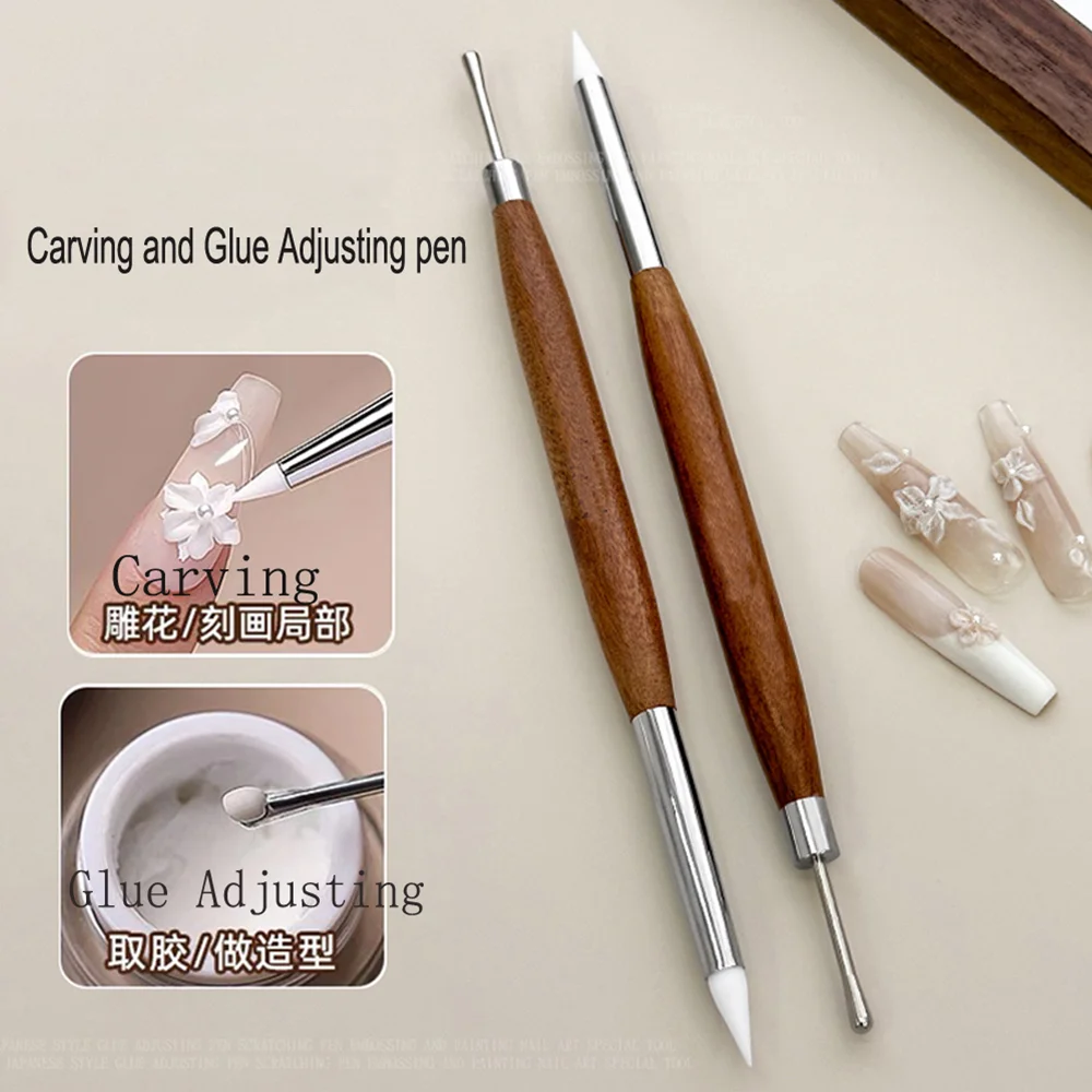 1Pcs Double-ended Nail Art Brush Silicone Carving/Painting Flower Nail Pen Gel Polish Glue Adjusting Embossing DIY Manicure Tool