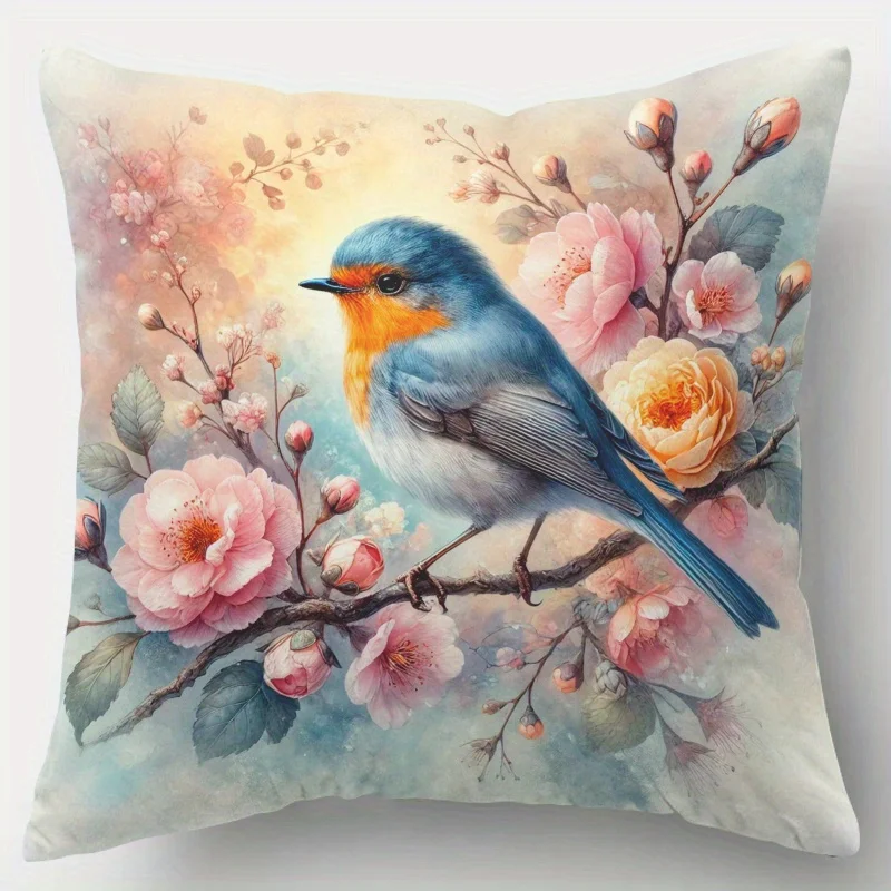 1pc Spring Robin Bird & Floral Printed Throw Pillow Cover,Suitable for Sofa,Bedroom,Living Room,Easily Create a Fresh Atmosphere