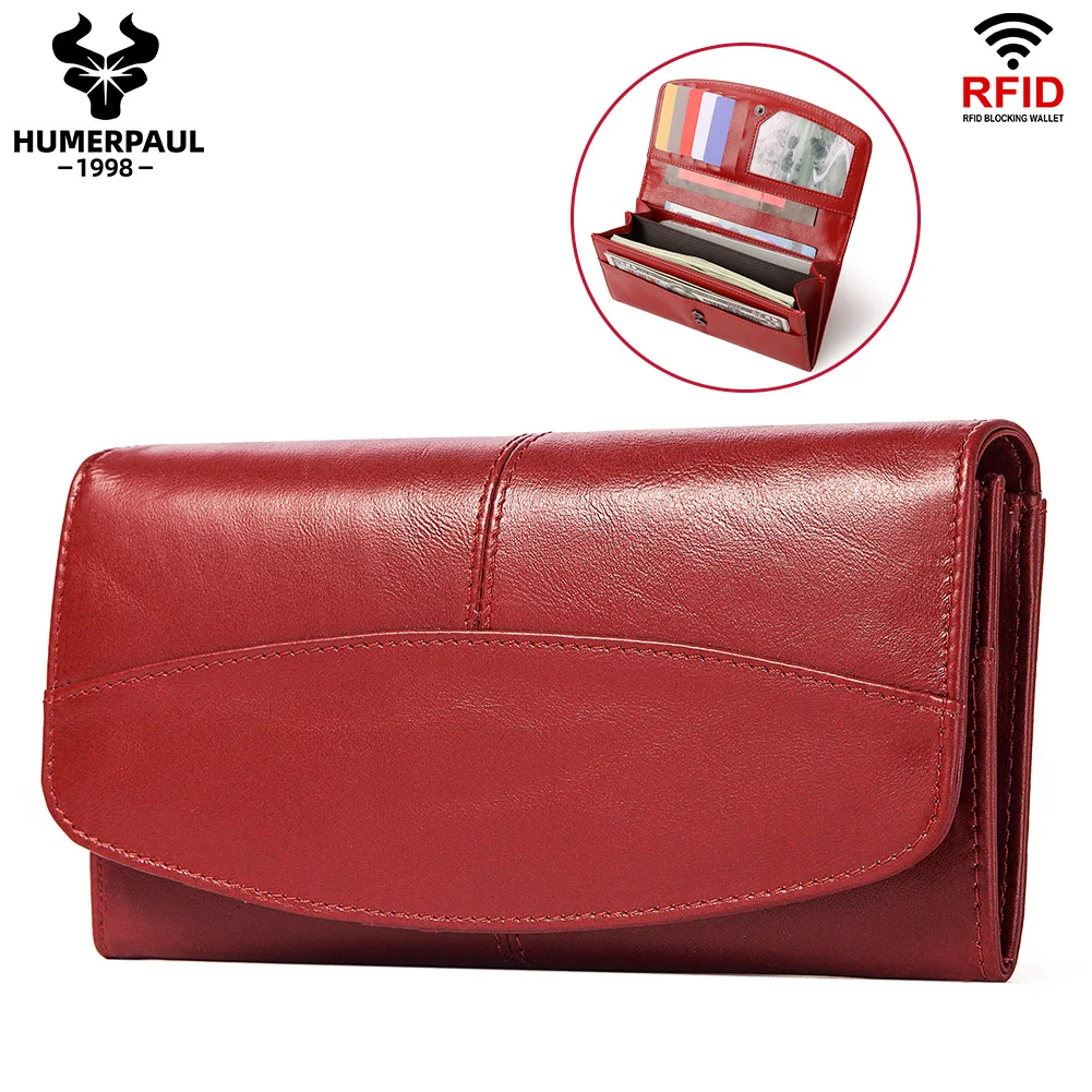 

HUMERPAUL Genuine Leather Purse for Women RFID Blocking Credit Card Holder Ladies Fashion Clutch Phone Organizer Money Bag Slim