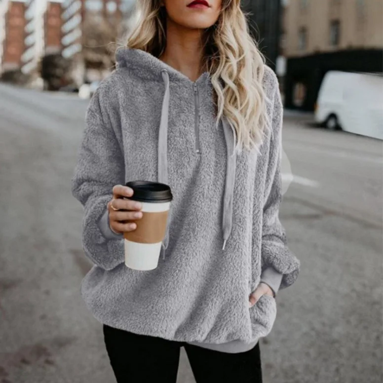 Women Casual Plush Hooded Sweatshirt Half Zip Drawstring Design Long Sleeve Front Kangaroo Pocket Relaxed Winter Pullover