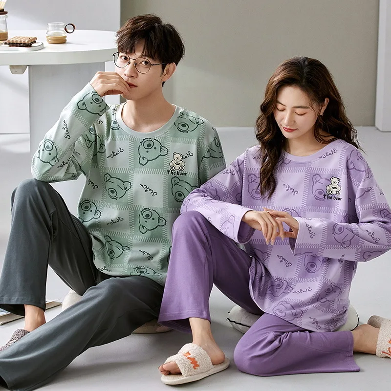 Conjunto de Pijama de manga larga para hombre y Mujer, ropa de dormir holgada coreana con estampado de oso de dibujos animados, de algodón, para