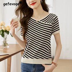 Summer Fashion Vintage Striped Printed Knitted T-shirt Female Short Sleeve Loose Casual All-match Pullover Tee Women V-neck Tops