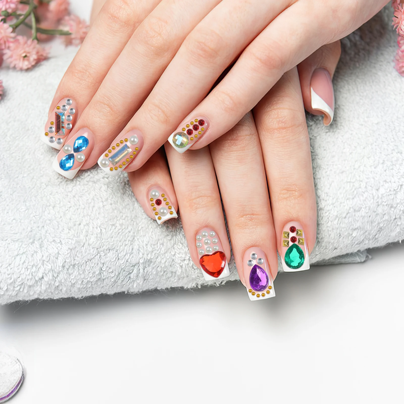 

12 Grids Strip Box Rivet Rhinestone Decor Pearl Glass Patch Mixed Style Manicure Nail Art Shiny Accessories Diy Decorative