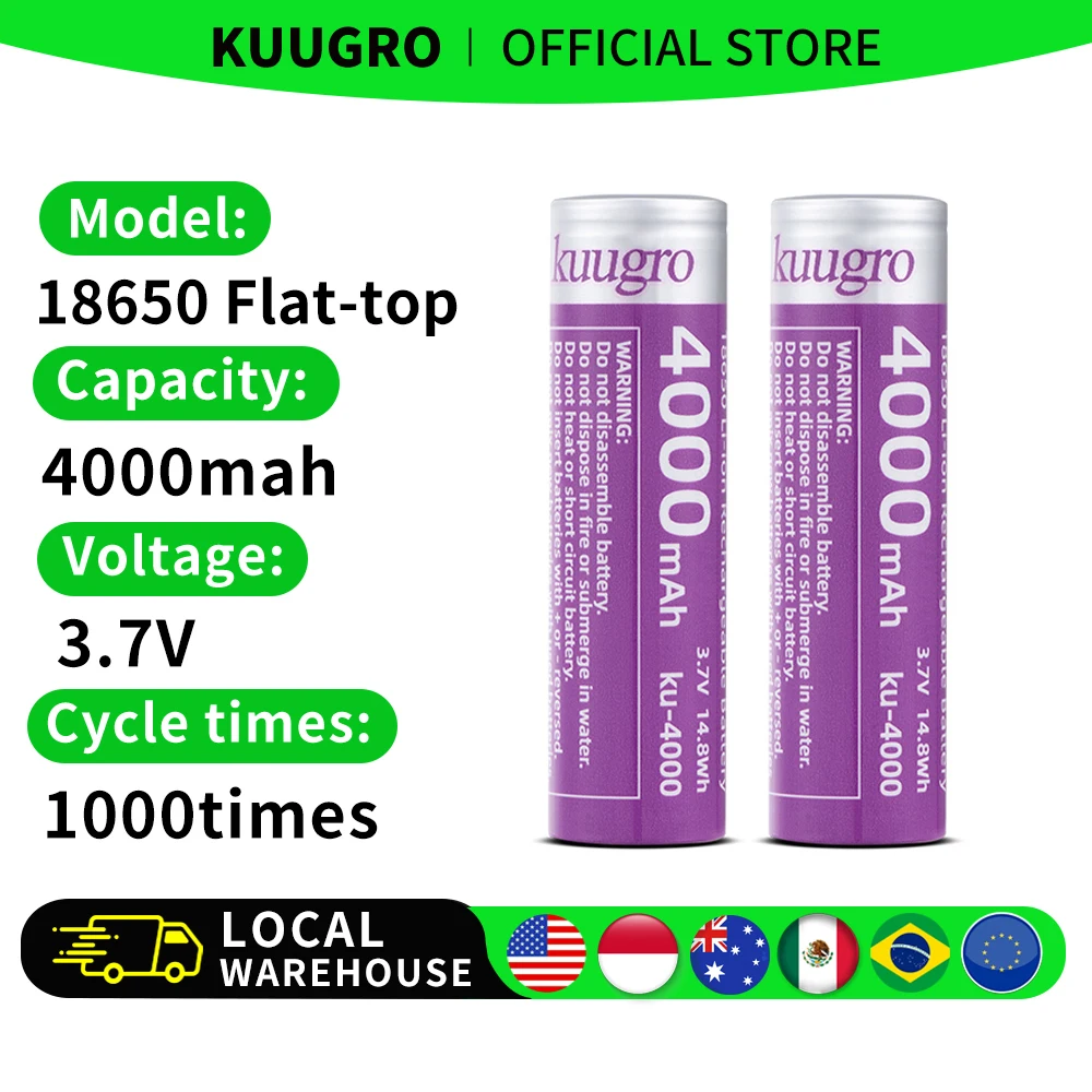 Kuugro Ku-4000 18650 Akku 4000 mAh 3,7 V 12 A Entladungsfähige wiederaufladbare Batterien für Akkupacks, Elektrowerkzeuge, Taschenlampen, Ventilatoren