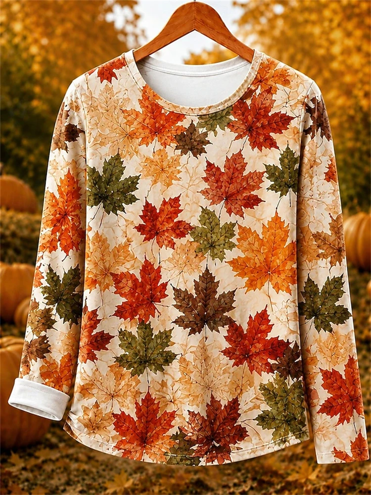 New Autumn Crew-Neck Long-Sleeve T-Shirt Stylish Casual with 3D Pumpkin and Maple Leaf Print Loose Comfortable Loungewear Top