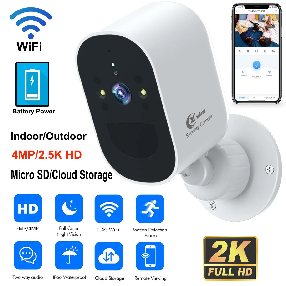 4MP WIFI IP Camera Rechargeable Battery Outdoor Surveillance Camera Color Night Vision Security Camera Home Baby Monitor