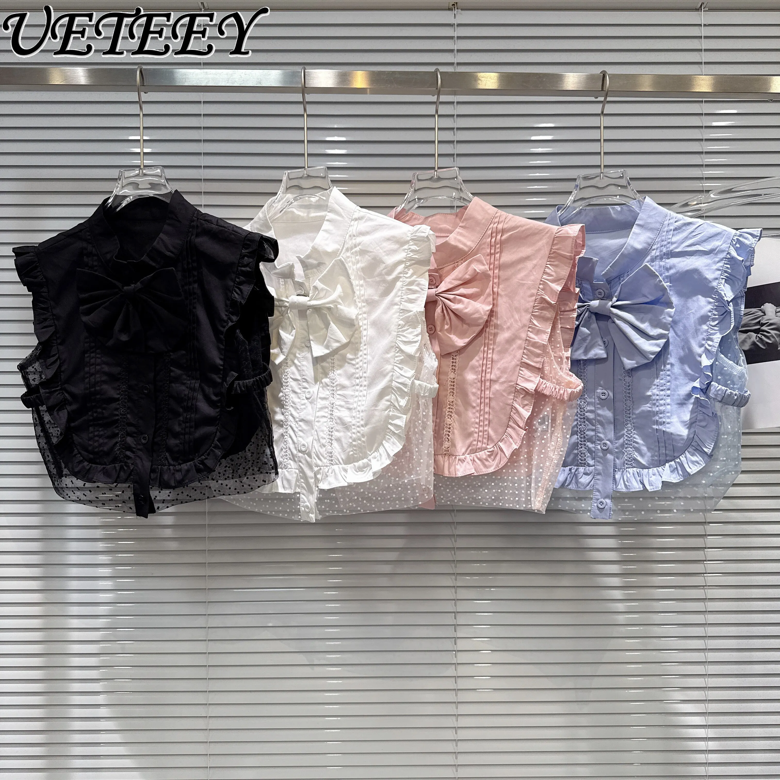 

Новая летняя блузка-жилет 2026 Sweet Girl с рюшами, бантом и сетчатыми вставками в горошек, без рукавов, для женщин