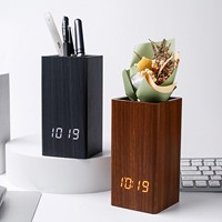 Desktop Wooden Alarm Clock & Pencil Organizer - Pen Holder with LED Time/Temperature/Date Display, Minimalist Home Office Decor