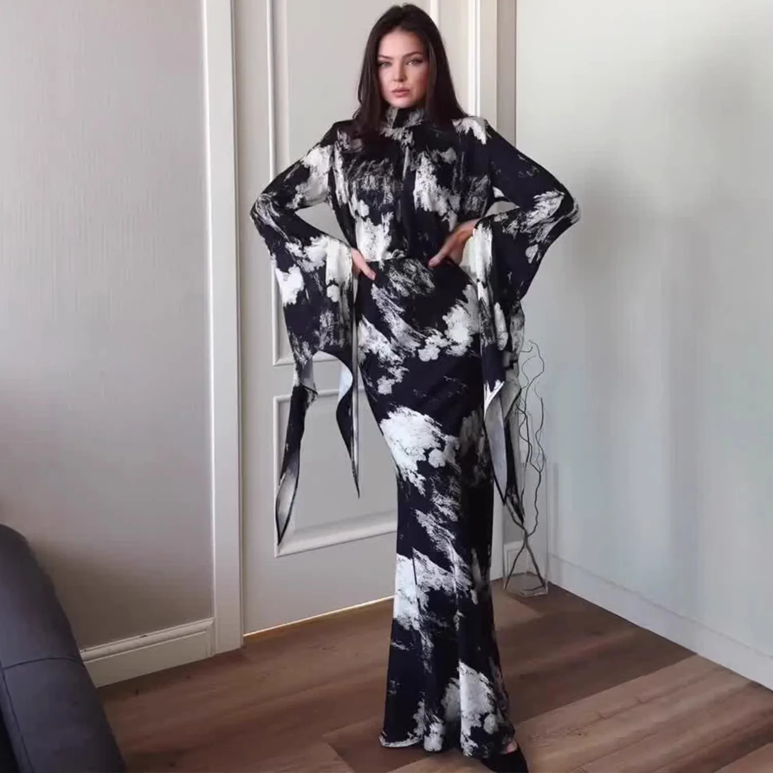 

Irregular Print Satin Long Dress Tie Waist Slim Fit Spring Summer Dresses