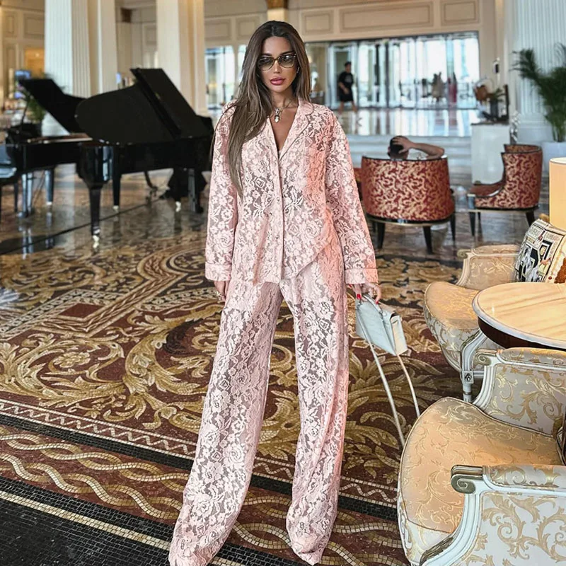 2024 Autumn and Winter New Lace See-through Two-piece Set Feminine Hot Girl Fashion Lapel Shirt Pants Suit