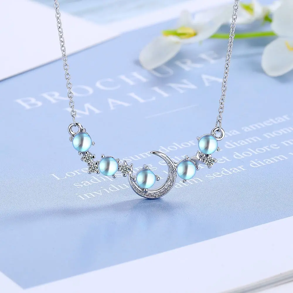

Круглый натуральный синий лунный камень, стерлинговое серебро 925 пробы, ожерелье с луной и звездой на ключице для женщин, драгоценный камень, ювелирные изделия, колье de Prata