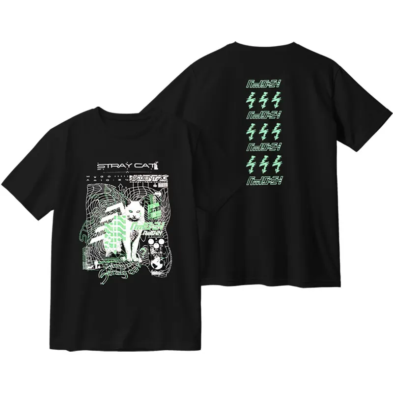 BanG Dream It's MyGO!!!!! Stray Cat T‑Shirt Vintage Cyber Cat Print Oversized Casual Cotton Unisex Short Sleeve Streetwear Tee
