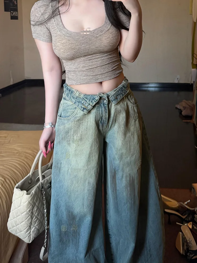 American Style Dirty Dyed High Waist Jeans Women Summer New High Street Design Sense Drag Floor Pants Trendy Flip Waist Head