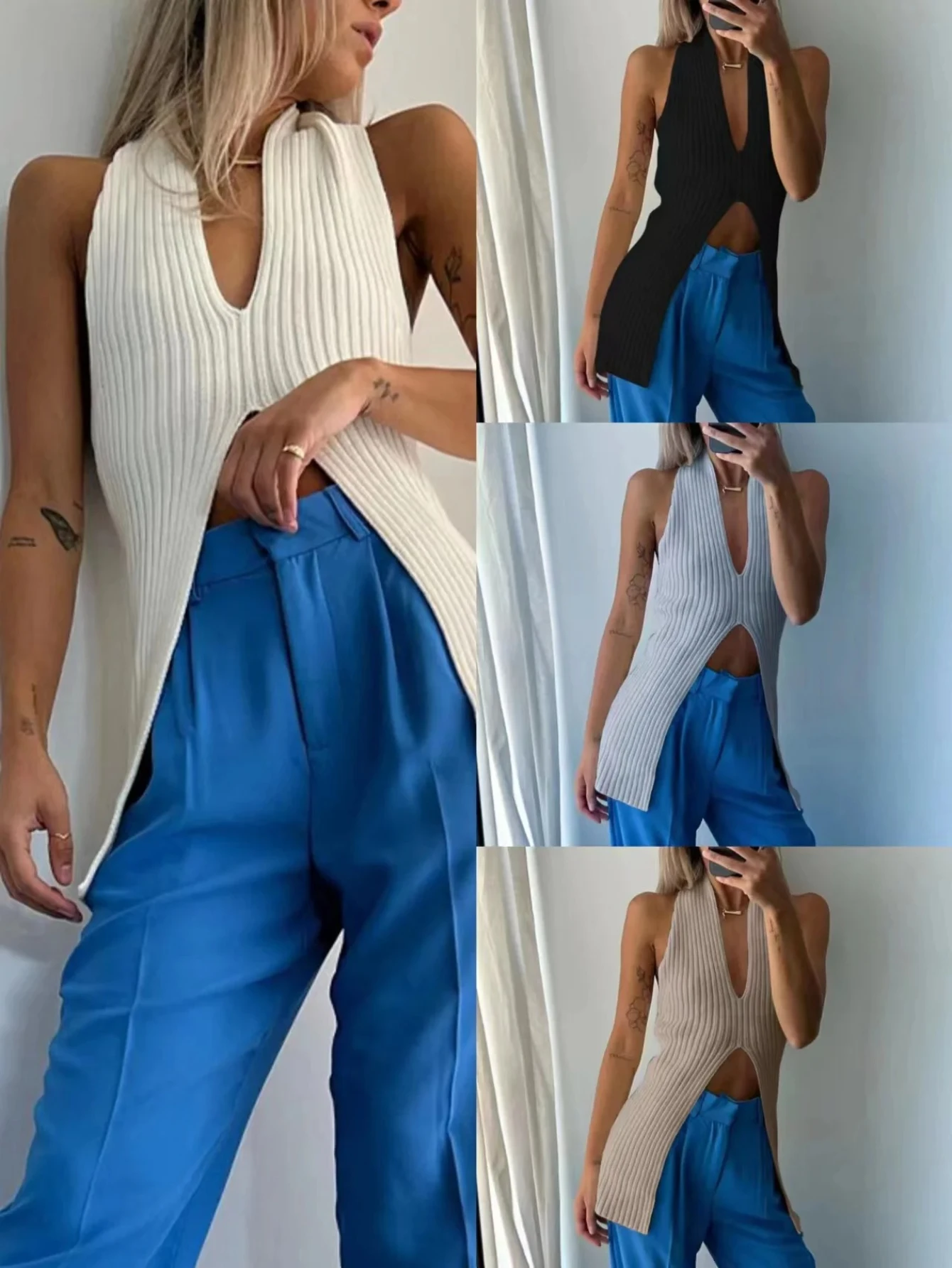 Tank-Top mit tiefem Ausschnitt vorne, ärmellos, Rippstrick-Camis und Tanktop für Damen, Sommer-Damen