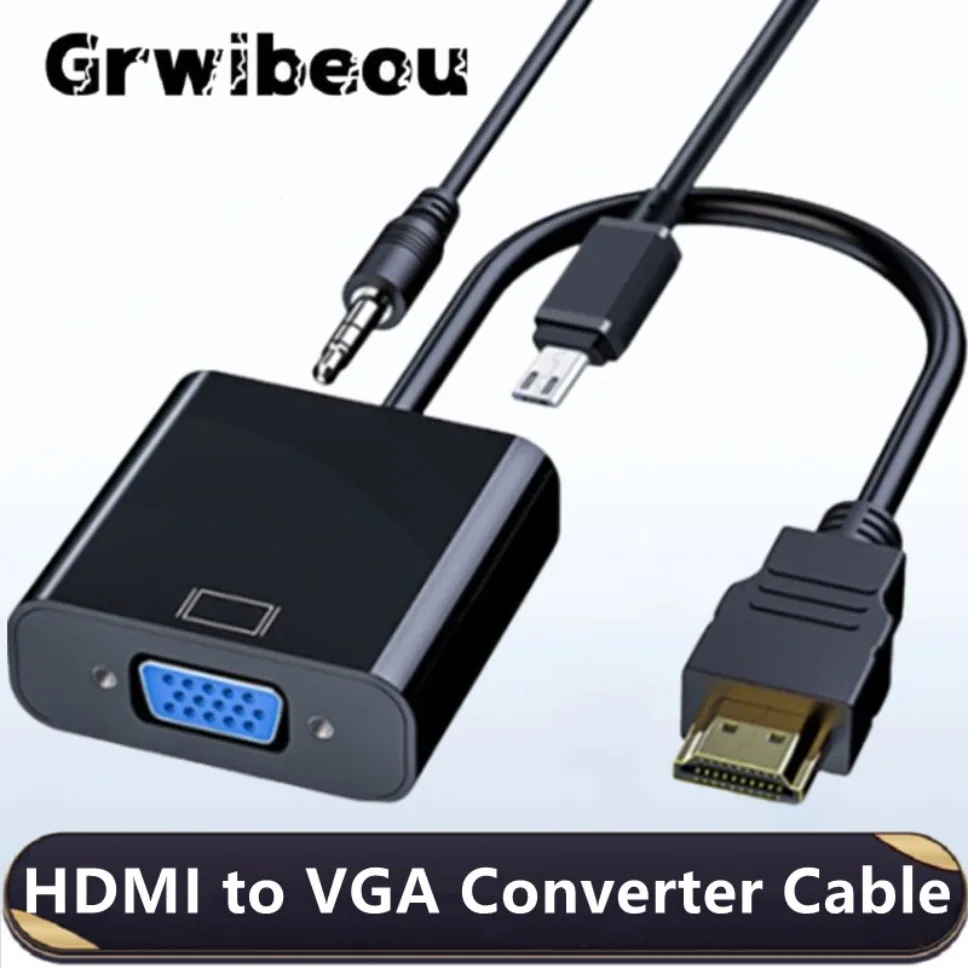 HDMI do VGA konwerter Adapter żeński męski do VGA HD 1080P HDMI z kablem Audio Jack 3.5mm do TV, pudełko projektor do laptopa PS4 PC