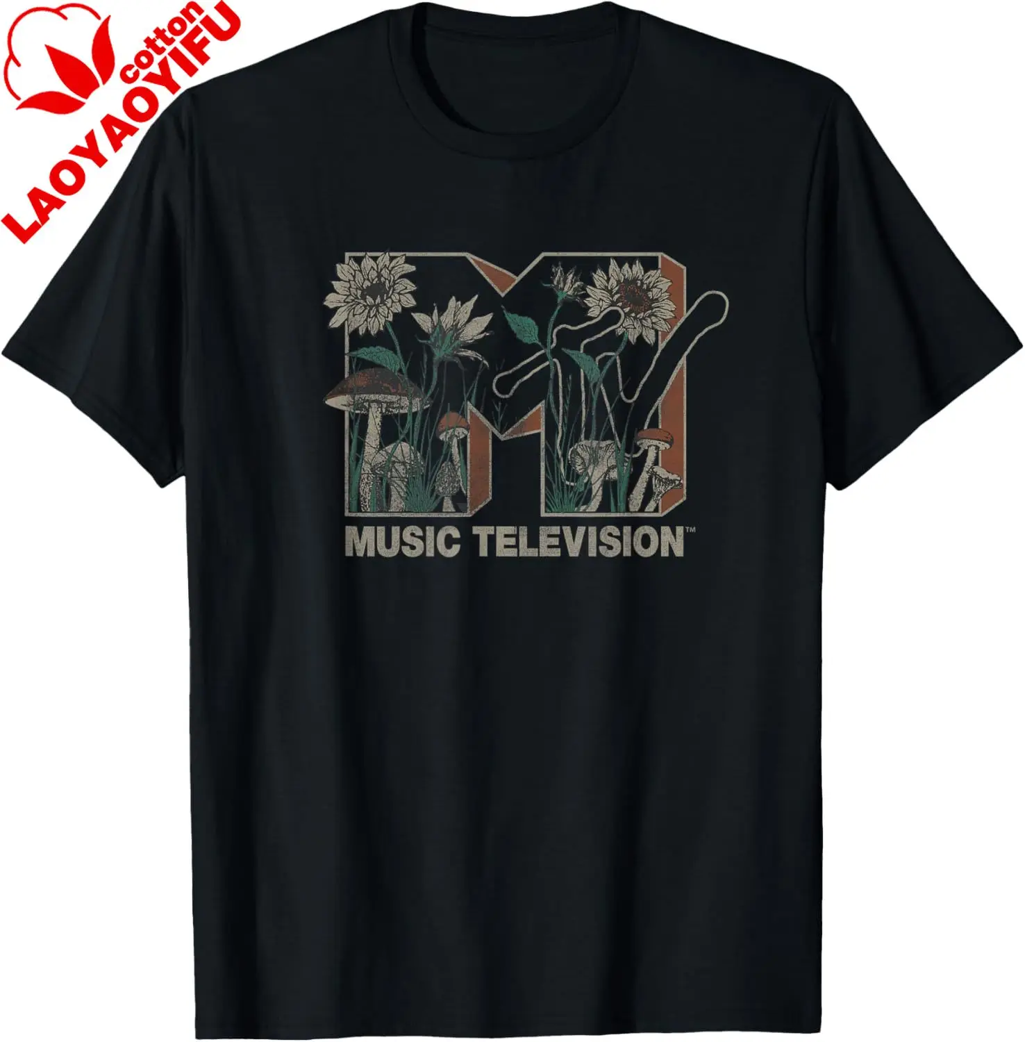 MTV Music Television Wild Flower Mushrooms MTV Logo T-Shirt Small Cotton Casual Vintage Graphic T Shirts Camisas Streetwear
