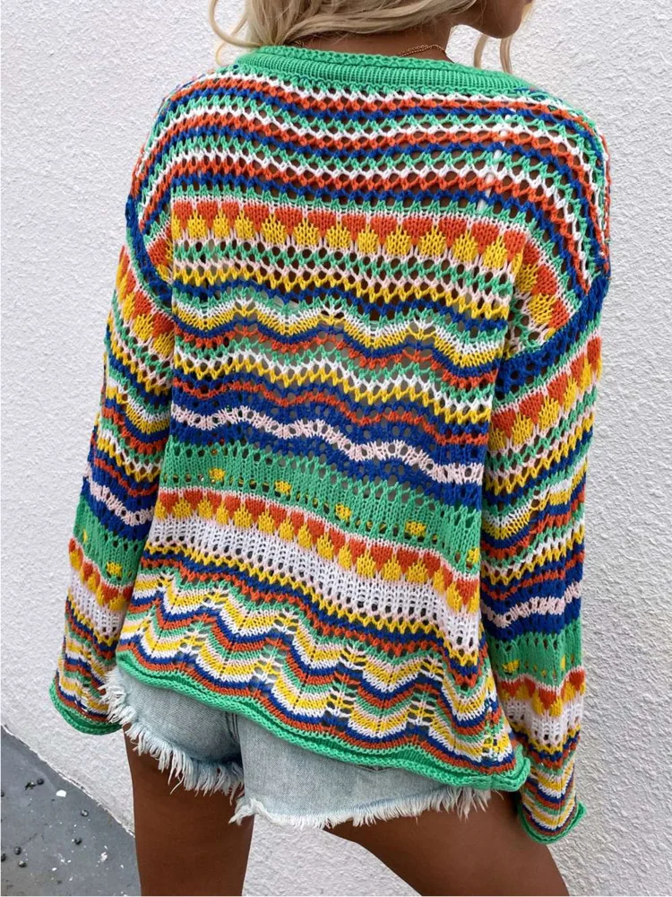 Elegant Rainbow Colored Long Sleeve Knit Cardigan Women Autumn Hollow Out Oversized Sweater Female Fashion Outerwear 2023