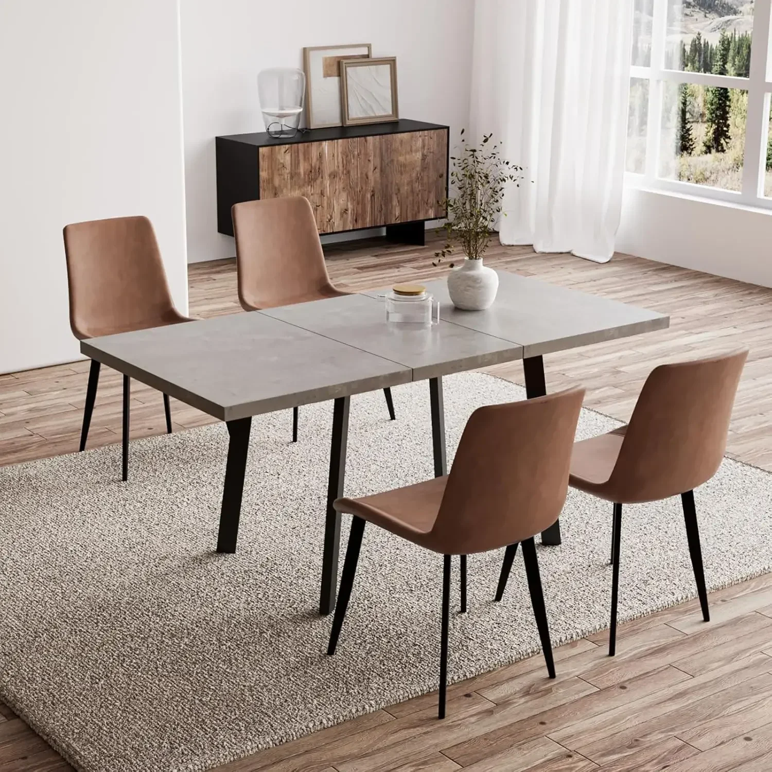 5 Piece Dining Table Set, 46 Inch Modern Kitchen Table with 6 Dining Chairs for 4, Expandable MDF Dining Table with Steel Legs