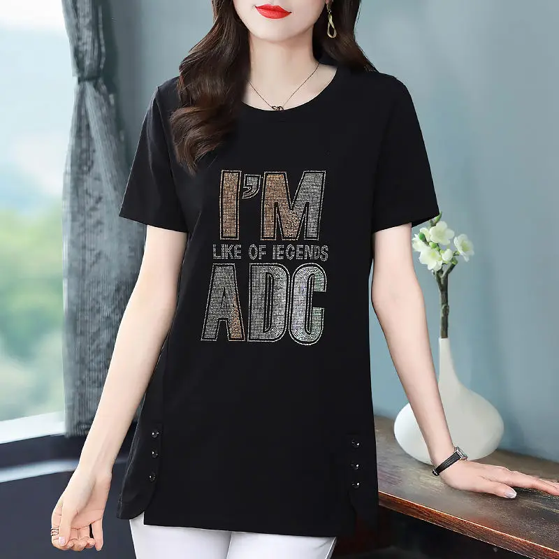 Summer New Vintage Loose Tops Split Hem Short Sleeve Print Letter Solid Button Casual T Shirts Fashion Office Women Clothing