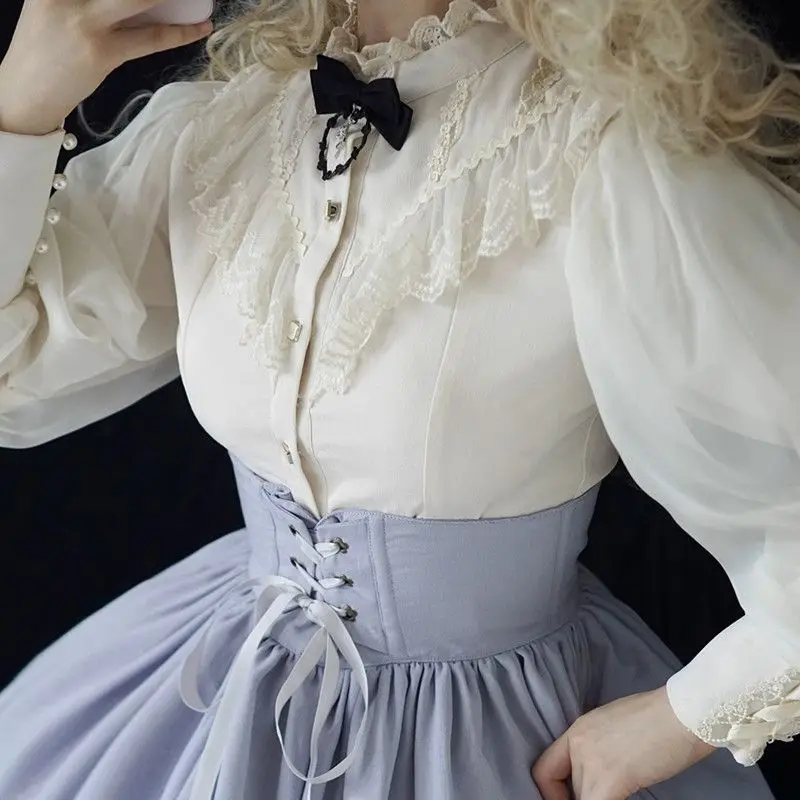 

NONSAR винтажная блузка с воротником-стойкой в придворном стиле, женская осенняя готическая элегантная кружевная шифоновая рубашка с оборками и длинными рукавами