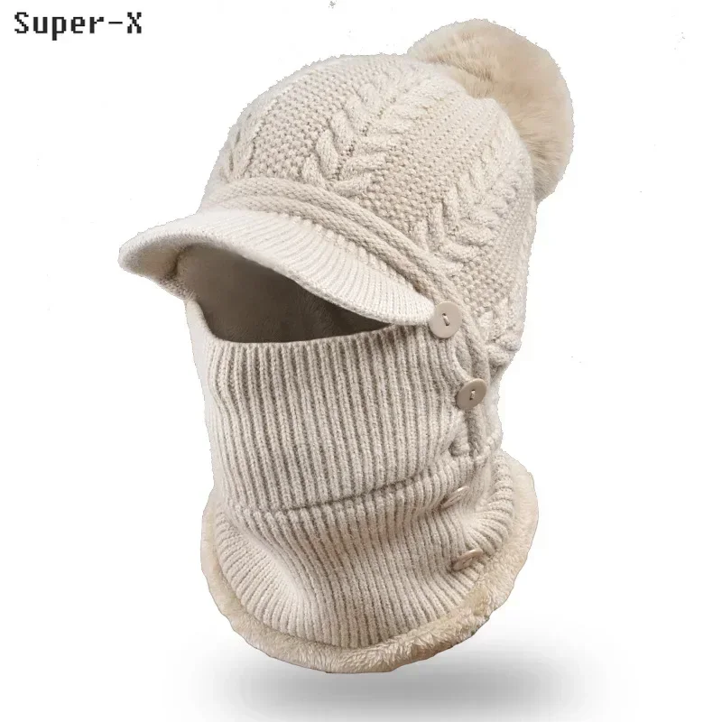 

Winter Hats for Women Knit Beanies Thick Warm Fleece-lined Plush Cute Pompom Face Mask Skiing Cap Snood 2 in 1 Balaclava Female