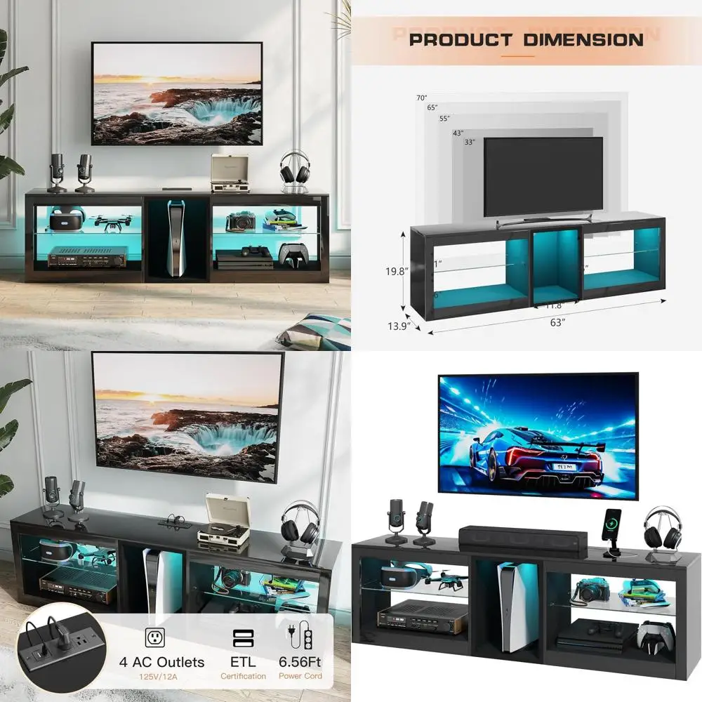 70 TV High Gloss Stand with Power Outlet, Gaming Center, Adjustable Shelves for PS5, Living/Bedroom, Black