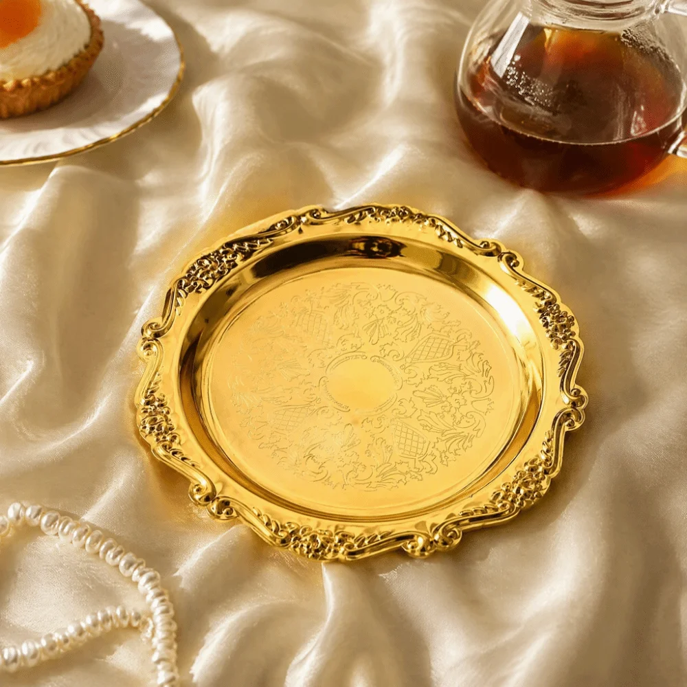 2pcs Golden Color Metal Serving Plate Carved Edge 4 Inch Diameter Fruit Decorative Plate Vintage Style Jewelry Trinket Dish