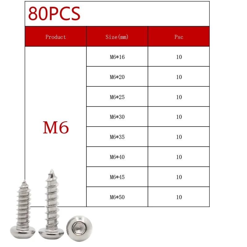 Kit M2 M2,5 M3 M4 M5 M6 304 Edelstahl runder Flachkopf Innensechskant selbstschneidende Schrauben Holzschrauben Set 70–630 Stück – Detail 11