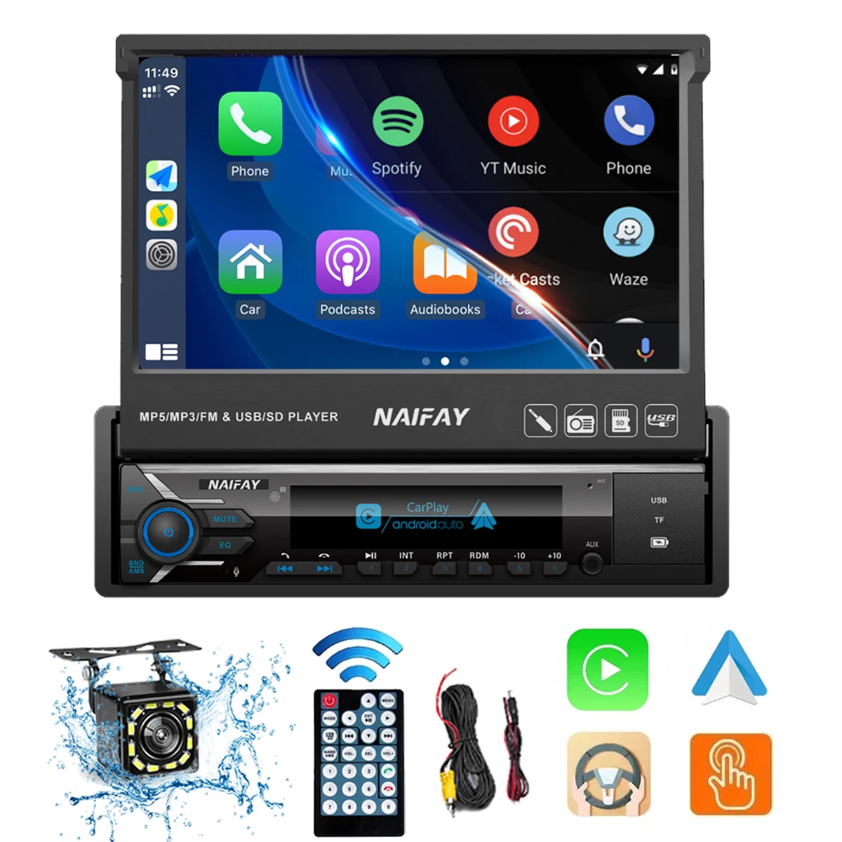 

Universal 7 Inch Car Radio 1 Din Retractable HD Touchscreen Car Stereo Multimedia Player USB FM AUX Input Bluetooth Mirror Link