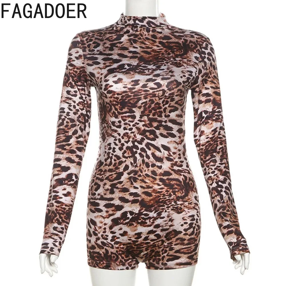 FAGADOER Sexy Leopard Print One Pieces Pagliaccetti Donna Manica lunga O-Collo Tute Salopette Hot Girl Club Abbigliamento streetwear