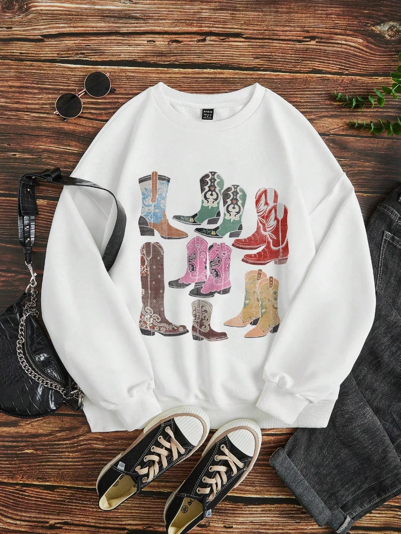 Vintage boots Prints Graphic Sweatshirts Casual Women\'s Pullover Fashion Oversize Long Sleeves Hoodie Warm Fleece Female Clothes