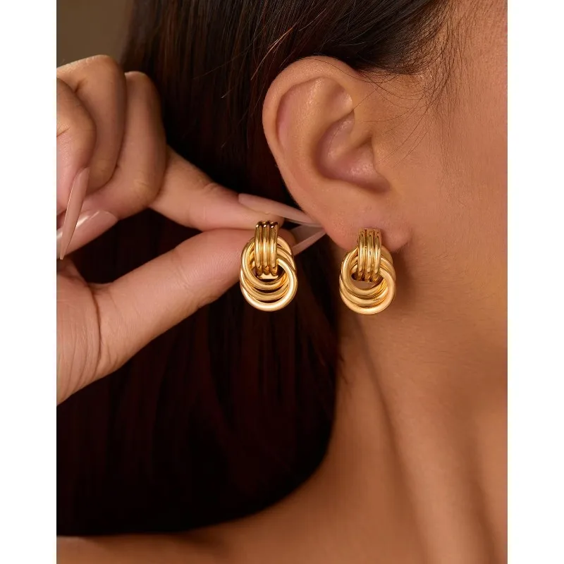 Gold Plated Knot Earrings for Women Gold Silver Earrings Heart Link Drop Dangle Earring Chunky Golden Knotted Statement - Detail 1
