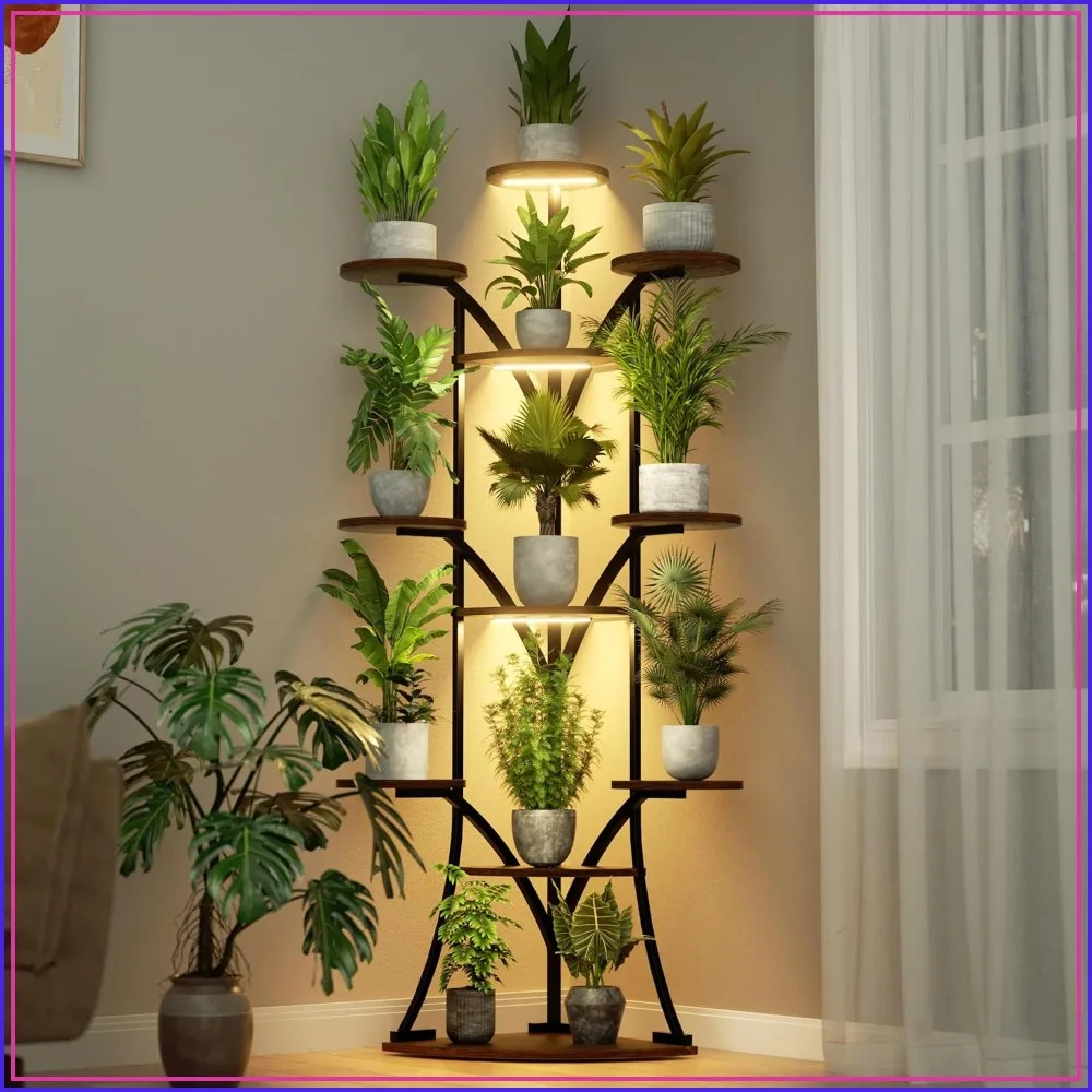 V-Shaped Tiered Corner Plant Stand with Grow Lights, Black, 63