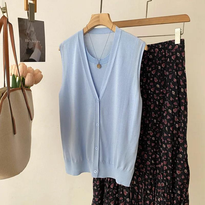 Dave&di 26 Summer New Arrival Mulberry Silk Lyocell Knit Vest Women's Fake Two-piece Design-driven Layered Top