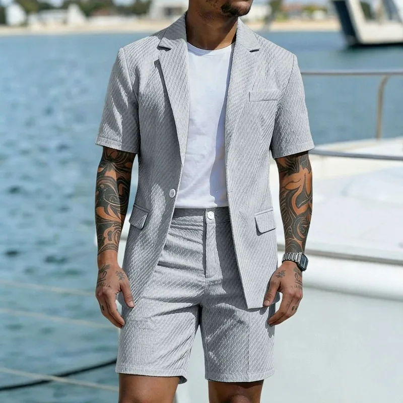 Men Suit Set Summer British Style Solid Color Short Sleeve Male Outfit Slim Breathable Business Wedding Man 2-piece Suit