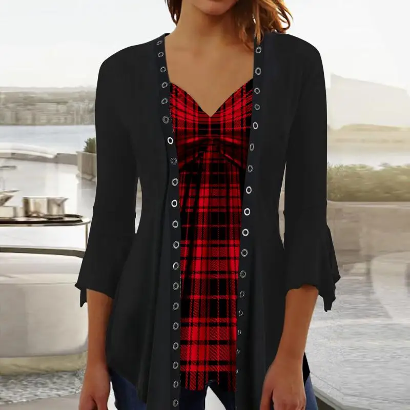 Top impresso em V-Neck Plaid para mulheres, Plus Size, manga 3/4