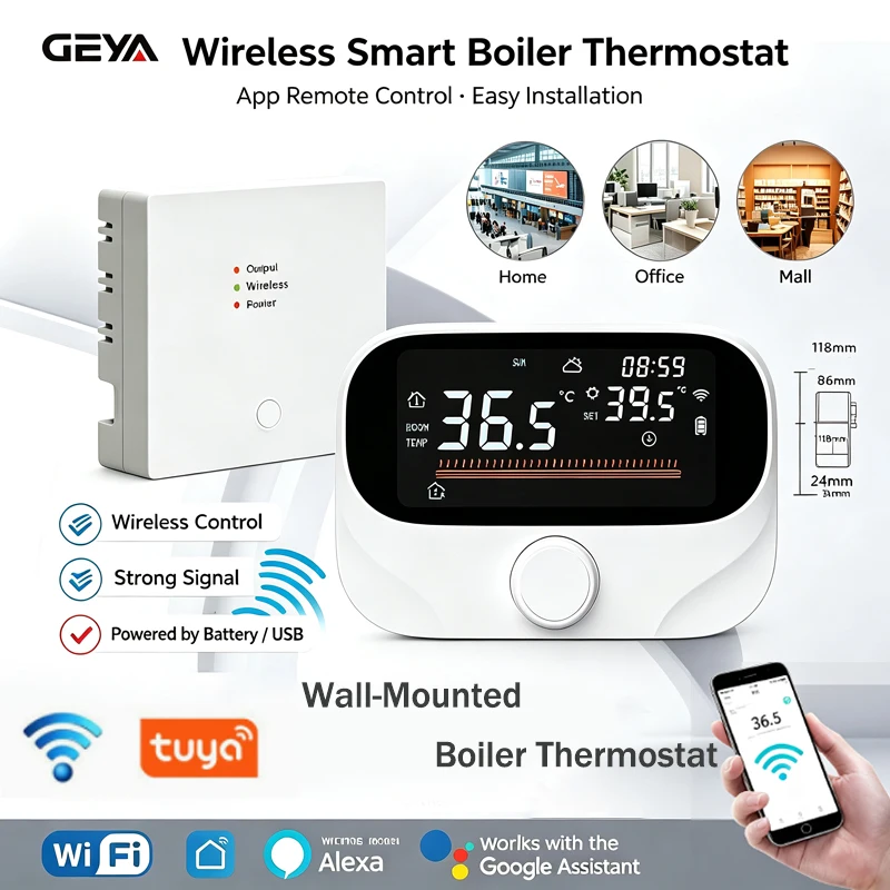 GEYA Wireless Wall-mounted Stove Thermostat RF Battery Tuya WiFi Smart Home Digital Temperature Controller Switch Alexa Google