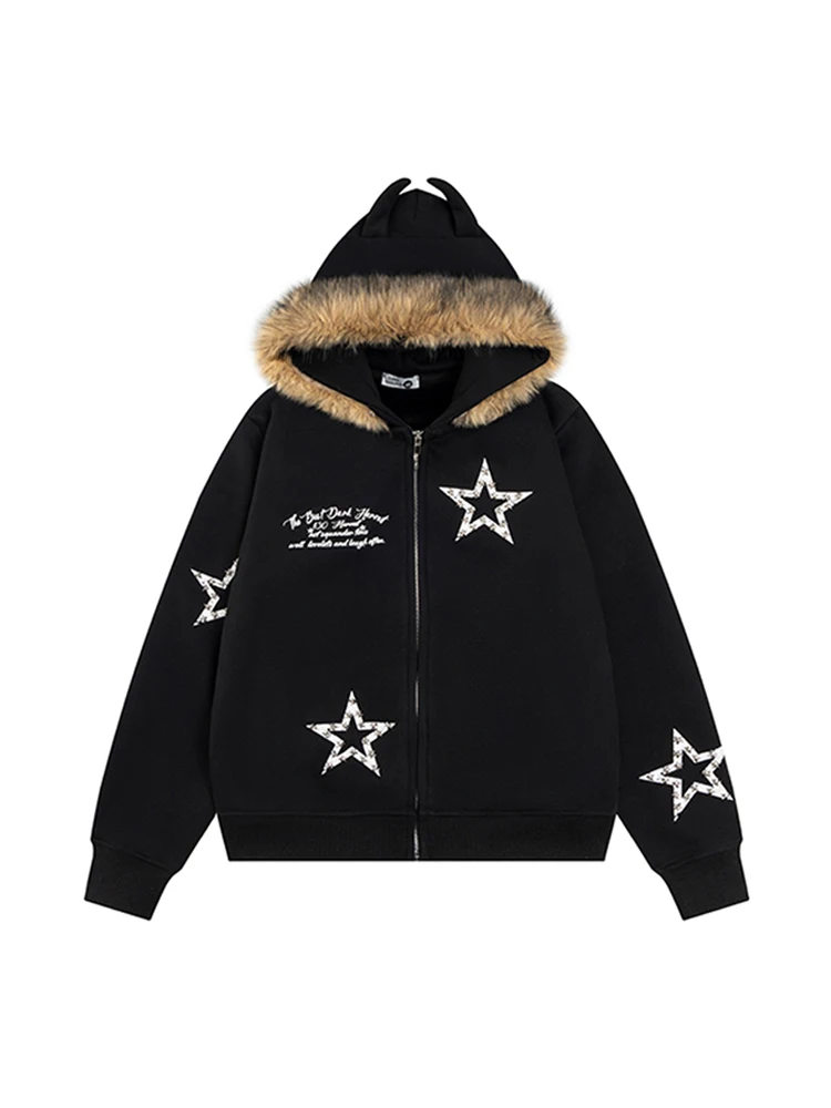 GPstudio American Retro Star Deer Horn Fur Collar Hooded Cardigan Women's Autumn Winter Design Sense Jaet Fce Lined Long...