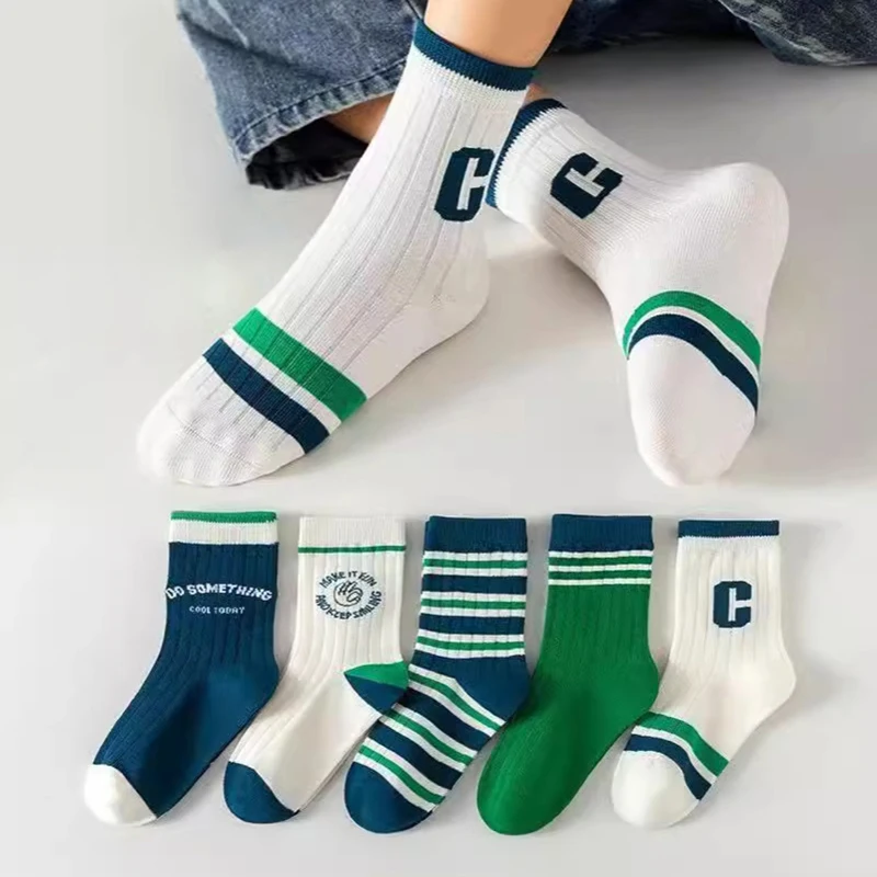 5Pairs Fashion Stripe Children Sports Socks Green Letter C Kids Middle Tube Sock 3-13Year Boys Girls Spring Autumn Cotton Socks