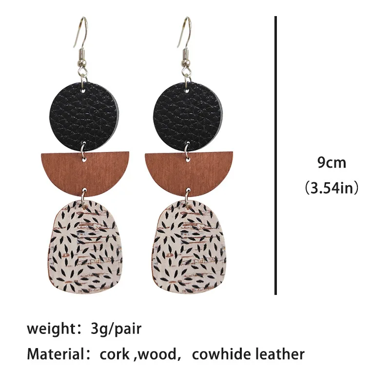 Retro Geometric Leather Cork and Wood Earrings for Women Boho Cork Leopard Pattern Bohemian Earrings Jewelry Friend Wife Gift