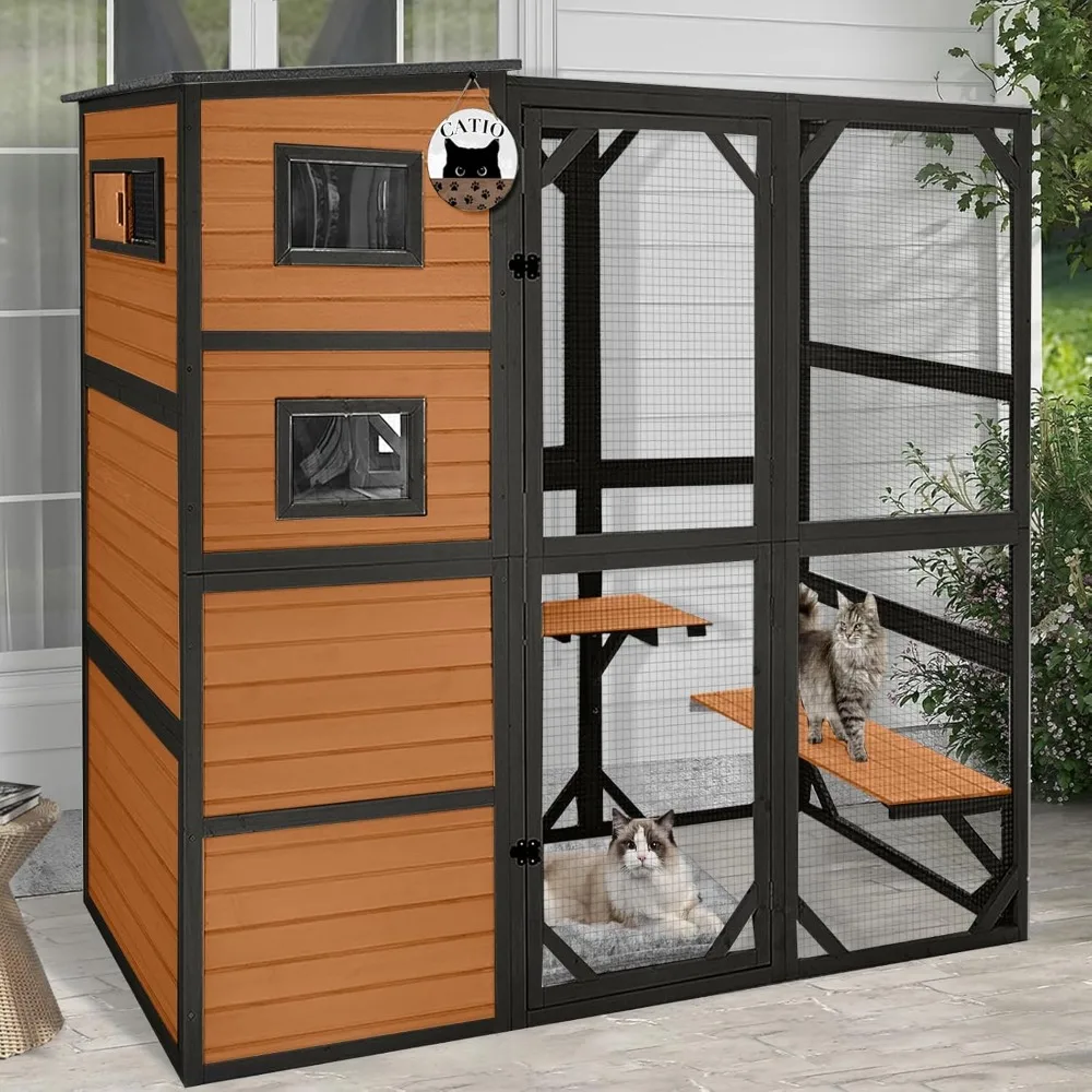 

Outdoor Cat House,Big Catio Cat Enclosures 4 Tiers Wooden Feral Cat Shelter with Large Interior Space (Brown, Extra Large)